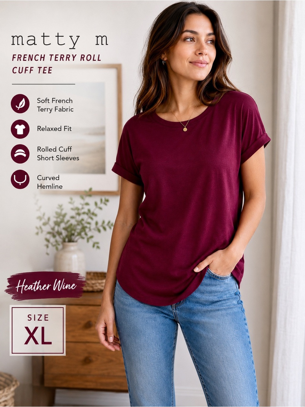 Matty M Heather Wine Roll Cuff Tee Top / Women’s XL / NWT